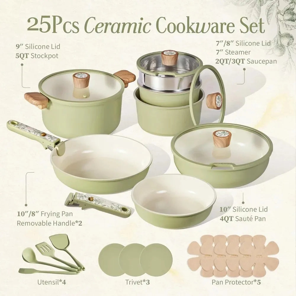 Cuca 25-Piece Nonstick Ceramic Cookware Set Pots with Detachable Handles