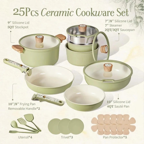 Cuca 25-Piece Nonstick Ceramic Cookware Set Pots with Detachable Handles