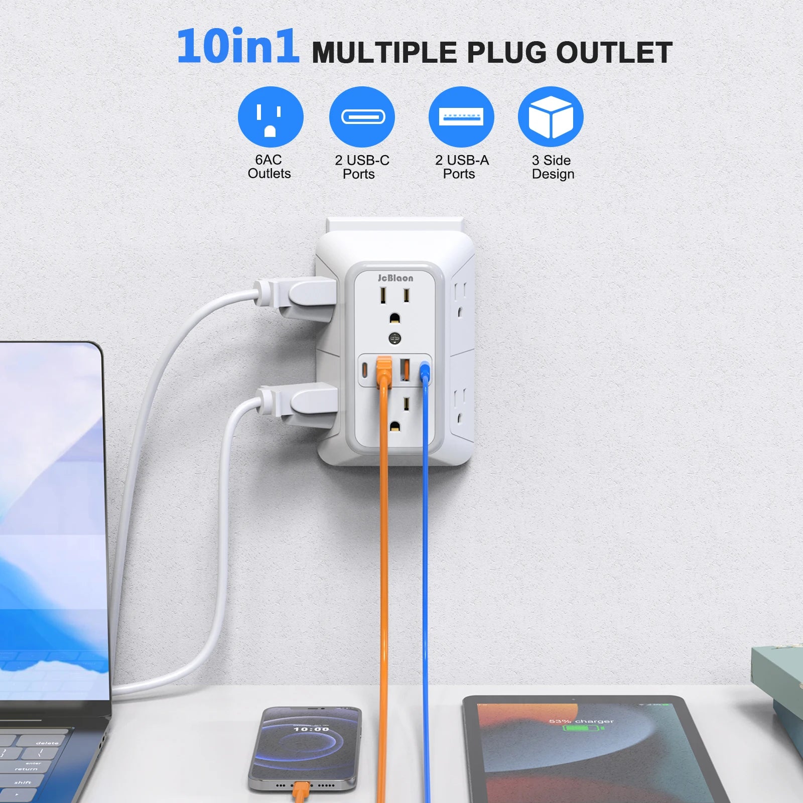 10-in-1 Wall Outlet Extender With USB Fast Charging